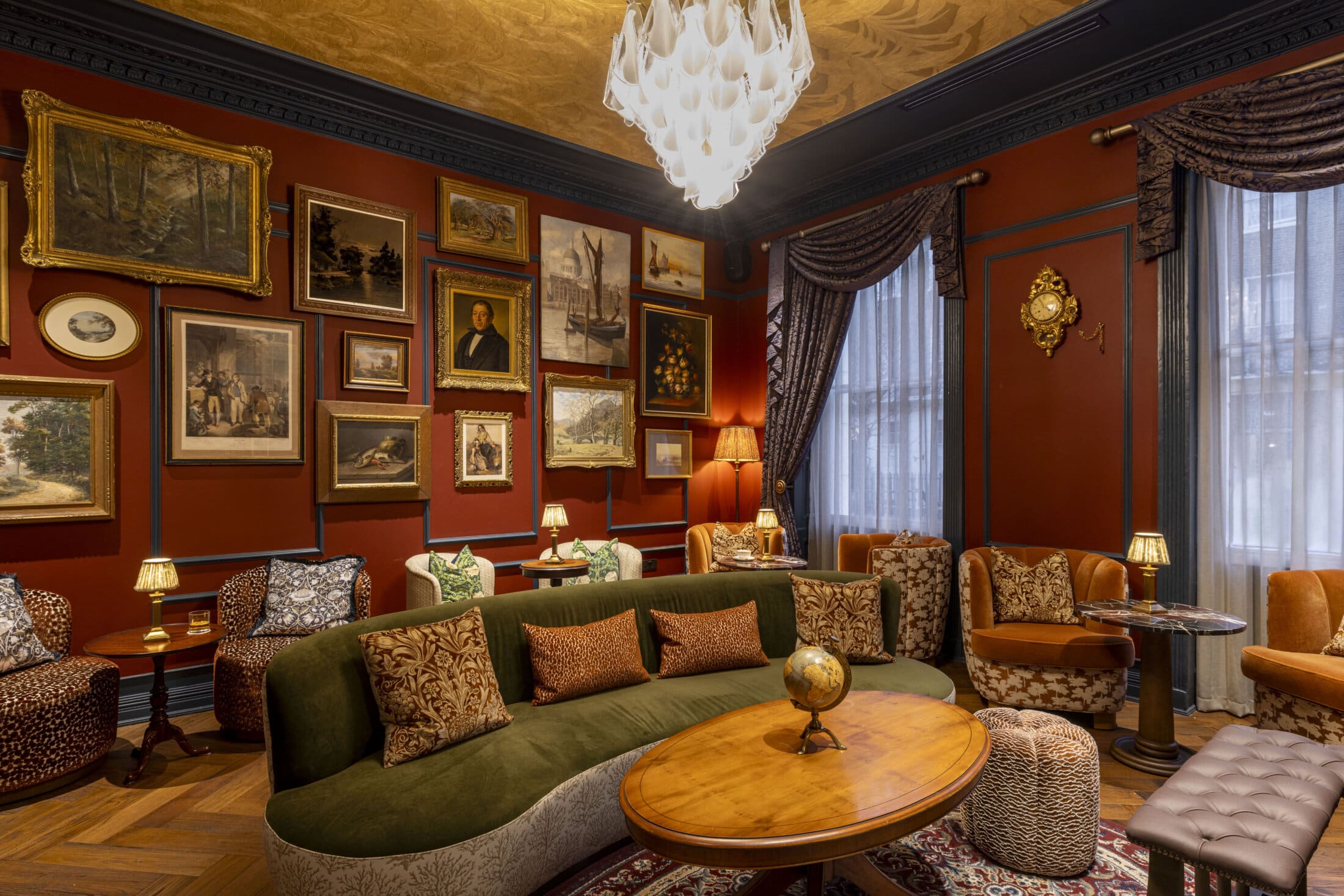 ottie's salon at bertrands townhouse with green sofa and chairs