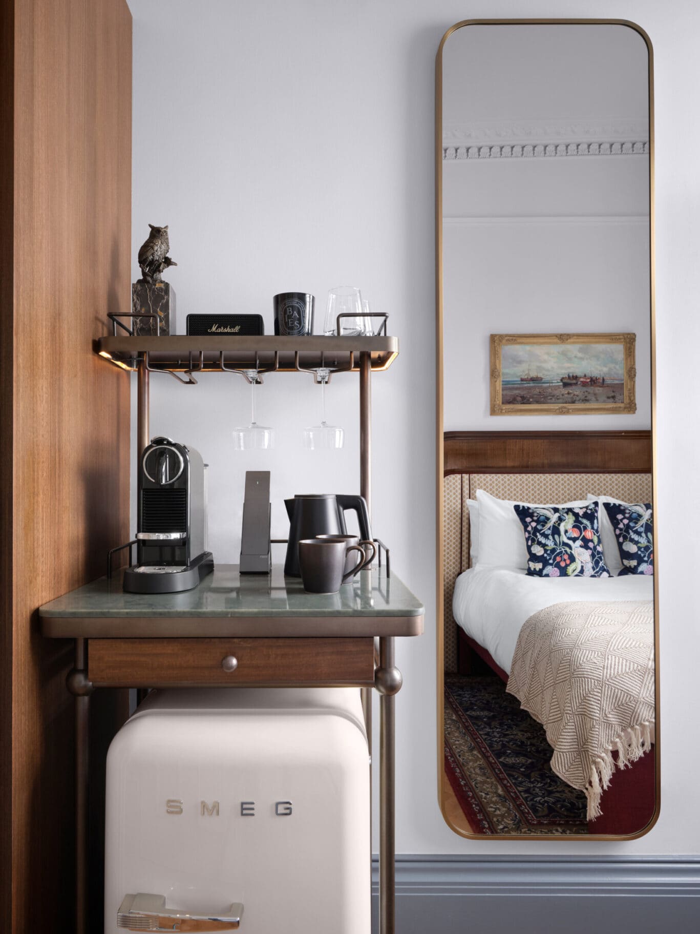 double bedroom in hotel with coffee station and tea