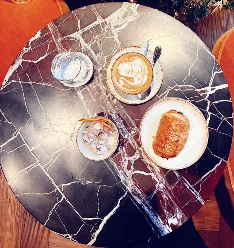 breakfast coffee and pain au chocolat at bertrand's townhouse