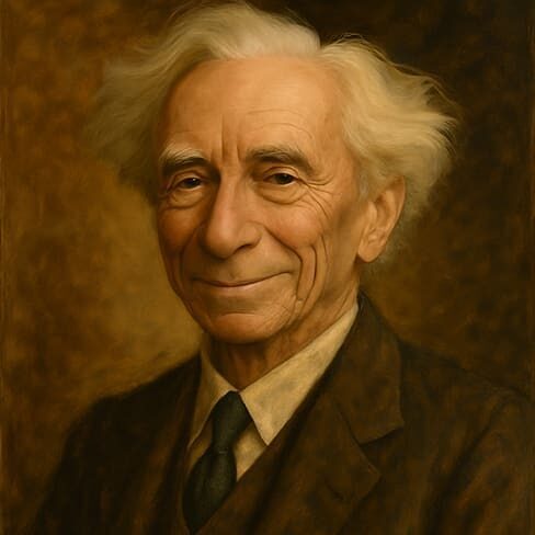 An artistic portrait of Bertrand Russell smiling.