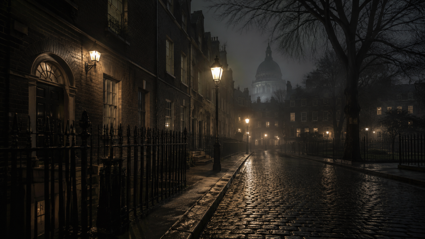 A dimly lit, spooky street in London.