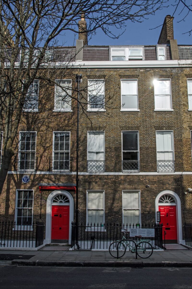 Charles Dickens Museum with a red door in Bloomsbury
