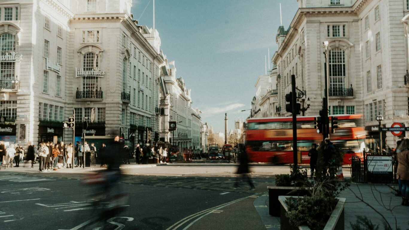 A view of Oxford Street in London on a bright and chilly day.